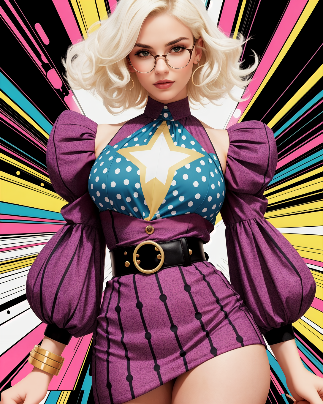SkinDetail J3z3b3lS0m3b0dy_HM-125 (style of David LaChapelle), [Pop Art:Fashion:0.6] explosion, vibrant colors and patterns, woman standing confidently in a dynamic pose, surrounded by a whirlwind of comic book-style elements and graphic motifs, bright primary colors, ((bold and eclectic outfit)), oversized polka dot blouse with exaggerated puff sleeves, geometric print high-waisted skirt, vibrant knee-high boots in a striking contrast color, her accessories bold and playful with a retro twist, thick bangles, oversized sunglasses, hair styled in voluminous waves with a hint of 60s glamour, makeup featuring vibrant eye-shadow and a striking red lip, dynamic backdrop with a collage of pop art elements, Ben-Day dots, speech bubbles, and iconic imagery, energetic and electric, her presence commanding, encapsulating the essence of pop art with a modern fashion twist, the scene pulsating with color, movement, and a sense of playful rebellion. (, backlit hair, skinny waist, sexy feminine hips, young adult European woman, sheer shirt:1.35), (hip bones, perfectly lit, beauty face photo, beautiful horizon:1.25), (full body dynamic pose, full length, wide shot, entire person, standing, head to toe, long shot, distant view), (chin-length short hair, bleached white-colored hair, pure white curly hair, center part:1.33), (24 years old feminine, young European woman:1.12), lightly freckled,