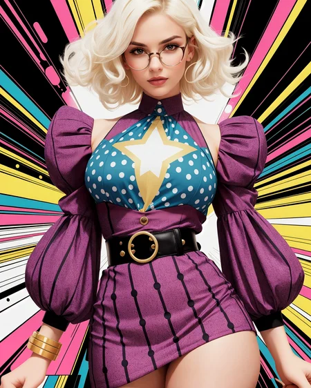 SkinDetail J3z3b3lS0m3b0dy_HM-125 (style of David LaChapelle), [Pop Art:Fashion:0.6] explosion, vibrant colors and patterns, woman standing confidently in a dynamic pose, surrounded by a whirlwind of comic book-style elements and graphic motifs, bright primary colors, ((bold and eclectic outfit)), oversized polka dot blouse with exaggerated puff sleeves, geometric print high-waisted skirt, vibrant knee-high boots in a striking contrast color, her accessories bold and playful with a retro twist, thick bangles, oversized sunglasses, hair styled in voluminous waves with a hint of 60s glamour, makeup featuring vibrant eye-shadow and a striking red lip, dynamic backdrop with a collage of pop art elements, Ben-Day dots, speech bubbles, and iconic imagery, energetic and electric, her presence commanding, encapsulating the essence of pop art with a modern fashion twist, the scene pulsating with color, movement, and a sense of playful rebellion. (, backlit hair, skinny waist, sexy feminine hips, young adult European woman, sheer shirt:1.35), (hip bones, perfectly lit, beauty face photo, beautiful horizon:1.25), (full body dynamic pose, full length, wide shot, entire person, standing, head to toe, long shot, distant view), (chin-length short hair, bleached white-colored hair, pure white curly hair, center part:1.33), (24 years old feminine, young European woman:1.12), lightly freckled,
