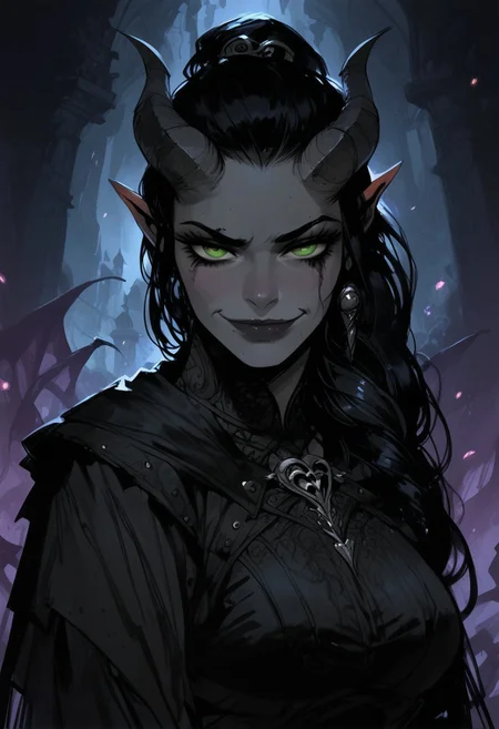 score_9, score_8_up, score_7_up, BREAK, 1woman portrait, beautiful, dramatic lights ((Succubus, Demon Girl, Succub, horns, seductive, seductive look, goth, goth girl, goth makeup, green eyes, wings, bat wings grey skin, grey colored skin, black hair, long braided ponytail, bangs, side bangs, happy, smug))
<lora:Fant5yP0ny:0.6> <lora:fantasy_world_pony:0.9>
<lora:Cherry-Gig:0.55>