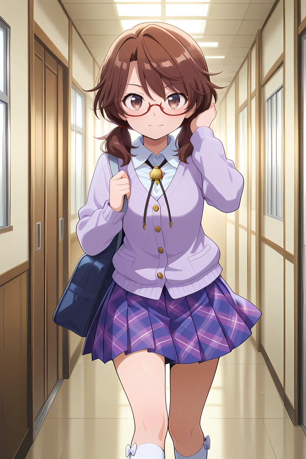 absurdres, highres, masterpiece, best quality, amazing quality, official anime artwork, screencap, anime screencap, indoors, light smile, looking at viewer, dynamic pose, school, corridor, 
 <lora:Usami-Sumireko_Illustrious:1> usami sumireko, 1girl, solo, brown eyes, brown hair, short hair, low twintails, red-framed eyewear, semi-rimless eyewear,, usami sumireko \(psychic higashifukami high school student\), bow legwear, white kneehighs, buttons, cardigan, collared shirt, long sleeves, plaid skirt, pleated skirt, purple skirt, light purple sweater, school uniform, white shirt, white footwear, white shirt, bolo tie, school bag, white socks, adjusting hair,