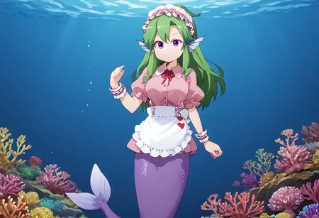 score_9, score_8_up, score_7_up, score_6_up, high resolution, gorgeous, absurdres, best quality, anime screencap, source_anime, 1girl, green hair, purple eyes, ahoge, side bangs, hair over breasts, large breasts, long hair, Mermaid, mermaid tail, head fins, purple tail, Pink dress, apron, maid dress, maid headdress, wristcuffs, smile, Expressiveh, underwater, coral reef, long hair, solo