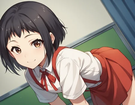 score_9, score_8_up, score_7_up, source_anime, <lora:hanako-hasegawa-ova-ponyxl-lora-nochekaiser:1>, hanako hasegawa, short hair, black hair, brown eyes,, skirt, shirt, ribbon, school uniform, white shirt, red ribbon, suspenders,, indoors, bent over, smile, looking at viewer, solo,, cowboy shot, dutch angle