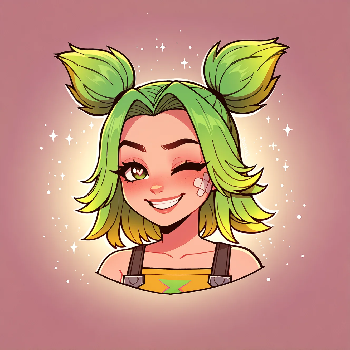 score_9,score_8_up,score_7_up,score_6_up,score_5_up,score_4_up,only_head, head of ZERI,girl,CROSSED BANDAID ON CHEEK,yellow tank top,pink gradient background,expresive face,cute smile,one eye closed,futuristic,reflection,heart-shaped pupil,abstract background <lora:sdxlpony_onlyhead-v2:1:lbw=1,0,1,1,0,0.2,1,0,1,1,0,0,0,1,1,0.2,0.2,0.2,0.2,0.2,0,0.2,0.2,0,0,0><lora:sdxlpony_Zeri:1>