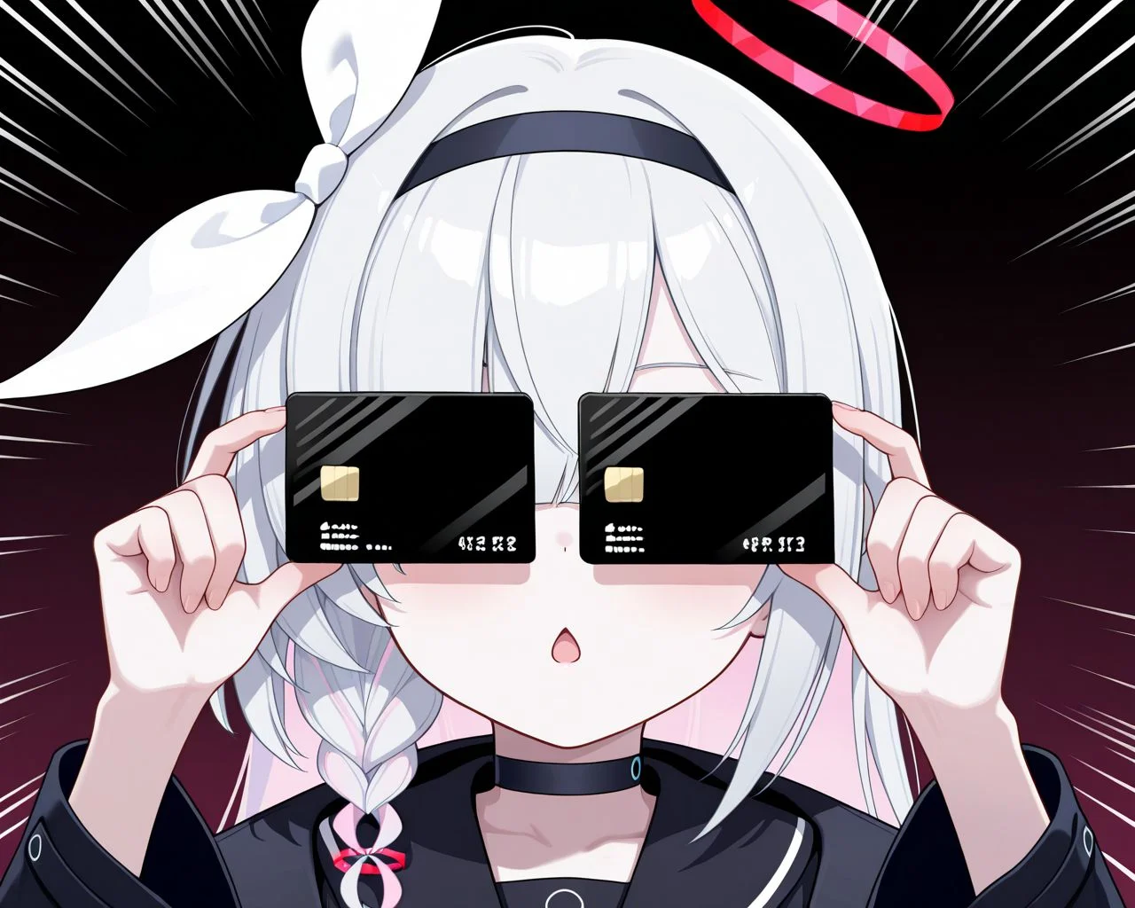 masterpiece, best quality, amazing quality, very aesthetic, absurdres, newest,
general, cardew, plana \(blue archive\),
covered eyes, simple background, emphasis lines, adjusting eyewear, black credit card, chestnut mouth, open mouth,
1girl, <lora:cardew01:1>