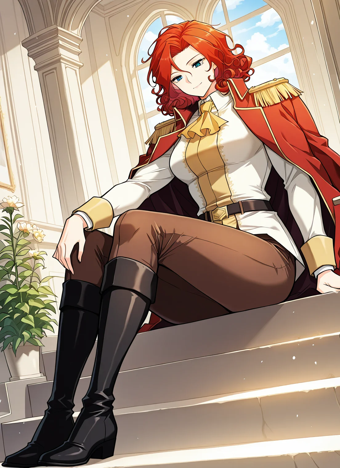 <lora:Alicia_Termina_Magentano__The_Greatest_Estate_Designer:1>
1 girl, solo, red hair, blue eyes, medium hair, curly hair, muscular female
red jacket, jacket on shoulders, yellow ascot, epaulettes, high colar, brown pants, white shirt, long sleeves, black boots, knee boots
score_9, score_8_up, score_7_up, very aesthetic, source_anime, detailed, high quality, beautiful, masterpiece, detailed eyes, mansion, plants, flowers, clouds, light smile, dynamic angle, full body, sitting on stairs