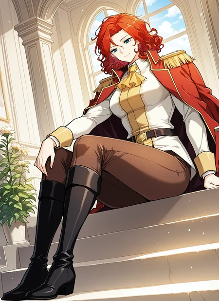 <lora:Alicia_Termina_Magentano__The_Greatest_Estate_Designer:1>
1 girl, solo, red hair, blue eyes, medium hair, curly hair, muscular female
red jacket, jacket on shoulders, yellow ascot, epaulettes, high colar, brown pants, white shirt, long sleeves, black boots, knee boots
score_9, score_8_up, score_7_up, very aesthetic, source_anime, detailed, high quality, beautiful, masterpiece, detailed eyes, mansion, plants, flowers, clouds, light smile, dynamic angle, full body, sitting on stairs