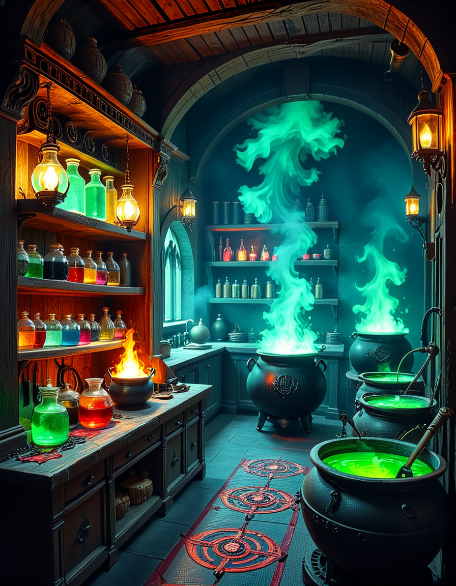 Hidden deep within the necromancerâs infernal domain lies a nightmarish kitchen, a grotesque fusion of alchemical laboratory and sacrificial chamber. The walls are carved from blackened bone and obsidian, pulsating faintly with necrotic energy. Faint green flames flicker in sconces made from twisted skeletal hands, casting eerie shadows across the macabre workspace. The air is thick with the scent of decay, ash, and something far worseâan indescribable aroma of corruption and dark magic.
At the center, a massive butcherâs table, scarred and stained with centuries of dried blood, serves as the primary workstation. Rusted, jagged knives, bone saws, and crude flesh-carving tools hang from hooks, their edges glistening with fresh remnants of something recently prepared. Nearby, grotesque cauldrons bubble with viscous, unnatural liquidsâblack ichor, boiling crimson blood, and glowing green elixirs swirl together, each concoction releasing haunting whispers as if infused with trapped souls.
Suspended from the ceiling, enormous iron hooks hold skinned carcassesâsome humanoid, others unrecognizable abominations stitched together from various creatures. Skeletal constructs, animated by unseen forces, mindlessly tend to the kitchen, stirring bubbling cauldrons and grinding unknown ingredients into fine powders using ancient, rune-etched mortars and pestles.
Along the walls, towering shelves hold disturbing "ingredients" sealed in glass jars: floating, disembodied eyes that track movement, severed hands that twitch sporadically, and writhing black worms that exude a thick, putrid slime. Bundles of dried, withered herbsâsome glowing faintly with infernal energyâhang from the rafters, alongside strips of preserved flesh, their origins best left unspoken.
In one corner, a massive, rune-inscribed oven burns with an unnatural, ghostly blue flame. The heat does not come from firewood but from the tormented souls bound within, their agonized wails fueling its endless infernal blaze. A massive iron cauldron sits atop a cracked stone hearth, where a thick, bubbling stew churnsâits surface occasionally breaking as something beneath struggles, clawing weakly before sinking back into the depths.
This is not a place for feastingâit is a workshop of the grotesque, where ingredients are harvested, flesh is repurposed, and the very essence of undeath is distilled into unholy nourishment. No living creature eats hereâonly the dead, the damned, and the things that should not be.
Style & Mood :
- Dark fantasy, gothic horror, necromantic aesthetics
- Cinematic, high-detail, eerie lighting
- Infernal atmosphere, filled with shadows, glowing green and crimson energy, and grotesque details
- Inspired by the works of ZdzisÅaw BeksiÅski, H.R. Giger, and dark medieval sorcery
<lora:SDXLFaeTastic2400:0.4> <lora:extremely_detailed:0.4> extremely detailed, <lora:mysterious_4lch3my_sh0p:1> mysterious 4lch3my sh0p <lora:nightmarish_k1tch3n:1>,nightmarish k1tch3n, Masterpiece,best quality,hi res,8k,hi res,8k,award winning,(sharp focus, intricate, highly detailed),
