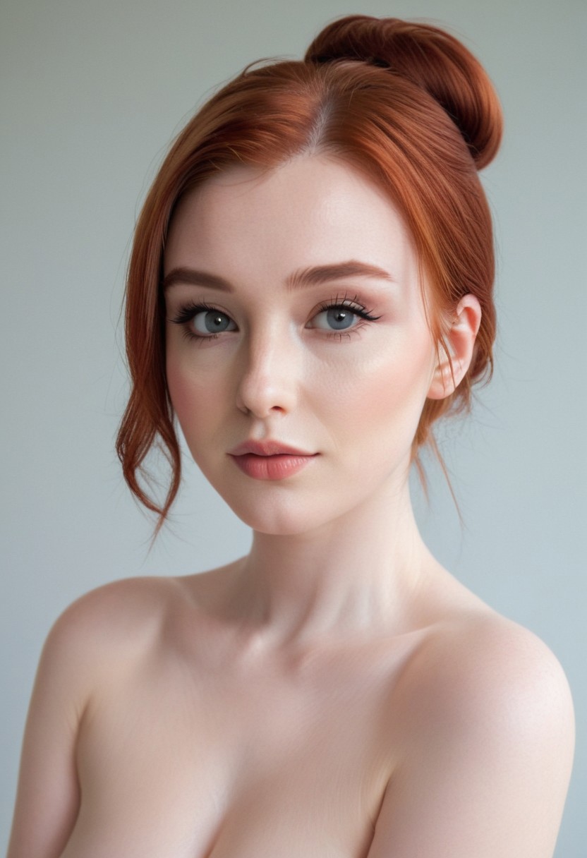 E1thalalias, a beautiful young woman with fair, porcelain-like skin and red hair styled in a soft, elegant low bun with a few loose strands framing her face. She has striking, large grey eyes with long eyelashes, subtle eyeshadow, defined brows, and softly blushed cheeks. Her lips are full with a natural pink gloss. The image is composed from head to cleavage, with flattering, soft lighting. Set against a clean white background. Hyper-realistic, high detail, studio portrait, front-facing, centered composition, naked, small breasts, arms behind the head, full body view, lower body