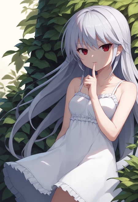 score_9, score_7_up, 1girl, solo, kzk, silver hair, long hair, red eyes, sundress, looking at viewer, finger to mouth, <lora:Kazuki FF 5-000008:1>