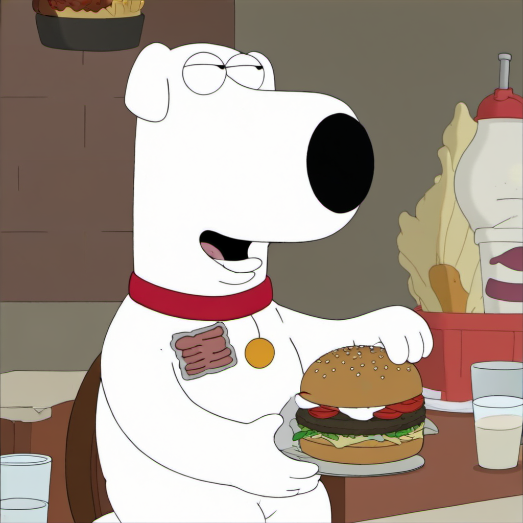 a brian griffin eating a burger <lora:Brian1024:0.9>