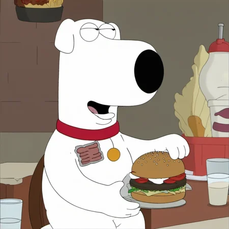 a brian griffin eating a burger <lora:Brian1024:0.9>