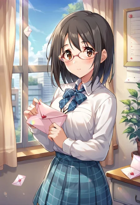 score_9, score_8_up, score_7_up, source_anime,kamijou haruna, brown eyes, black hair, glasses, 1girl, solo, love letter, school uniform, curtains, letter, skirt, blush, looking at viewer, plaid skirt, window, indoors, plaid, holding