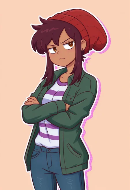 masterpiece, best quality, highres, BREAK, betaluz, 1girl, solo,dark-skinned female, brown eyes, brown hair, short hair, long bangs, red beanie, green jacket, open jacket, striped shirt, jeans, annoyed, looking at viewer, furrowed brow, frown, crossed arms, standing, cowboy shot