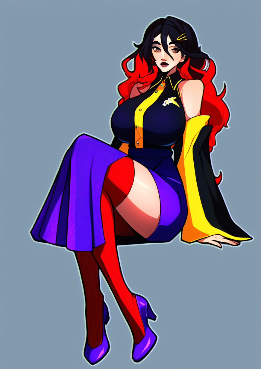 1girl, drifblim, huge breast, bare shoulders, black hair, black shirt, breasts, brown eyes, collared shirt, detached sleeves, dress shirt, foreshortening, hair between eyes, hair ornament, hairclip, long hair, long sleeves, mary janes, multicolored hair, personification, pokedex number, purple footwear, purple skirt, red hair, red thighhighs, ribbed legwear, shirt, shoes, sitting, skirt, sleeveless, sleeveless shirt, sleeves past fingers, sleeves past wrists, solo, thighhighs, two-tone hair, wide sleeves, yellow sleeves, zPDXL3<lora:Breast Slider - Pony_alpha1.0_rank4_noxattn_last:3> <lora:HandFixer_pdxl_Incrs_v1:1>   <lora:Yttrium:1>