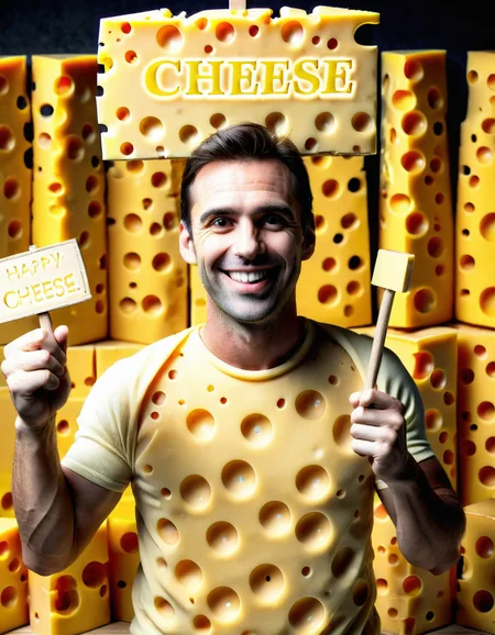 cheeselora, happy man holding sign saying "cheese"