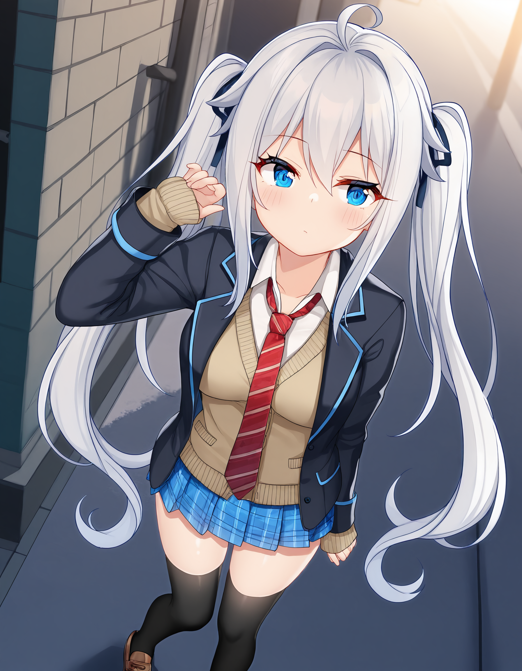 masterpiece, best quality, amazing quality, ultra detail, good anatomy, good hand,
BREAK <lora:hagiwara-michiru Imokone - todoketai koigokoro(MitsuYukiTyakai)-illustrious:0.7> hagiwara-michiru. white hair, long hair, medium breasts, blue eyes, ahoge, twintails, hairbow,
BREAK outfit02, blazer, black blazer, wing collar blazer, open clothes, open blazer, cardigan, brown cardigan, shirt, white shirt, collared shirt, long sleeves, sleeves past wrists, necktie, red necktie, striped necktie, necktie on cardigan, skirt, blue skirt, plaid skirt, pleated skirt, mini skirt, thighhighs, black thighhhighs, collarbone, zettai ryouiki, loafers, brown loafers,
BREAK dynamic angle, 1girl, posing, outdoor,