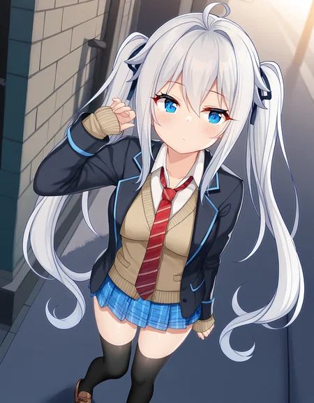 masterpiece, best quality, amazing quality, ultra detail, good anatomy, good hand,
BREAK <lora:hagiwara-michiru Imokone - todoketai koigokoro(MitsuYukiTyakai)-illustrious:0.7> hagiwara-michiru. white hair, long hair, medium breasts, blue eyes, ahoge, twintails, hairbow,
BREAK outfit02, blazer, black blazer, wing collar blazer, open clothes, open blazer, cardigan, brown cardigan, shirt, white shirt, collared shirt, long sleeves, sleeves past wrists, necktie, red necktie, striped necktie, necktie on cardigan, skirt, blue skirt, plaid skirt, pleated skirt, mini skirt, thighhighs, black thighhhighs, collarbone, zettai ryouiki, loafers, brown loafers,
BREAK dynamic angle, 1girl, posing, outdoor,
