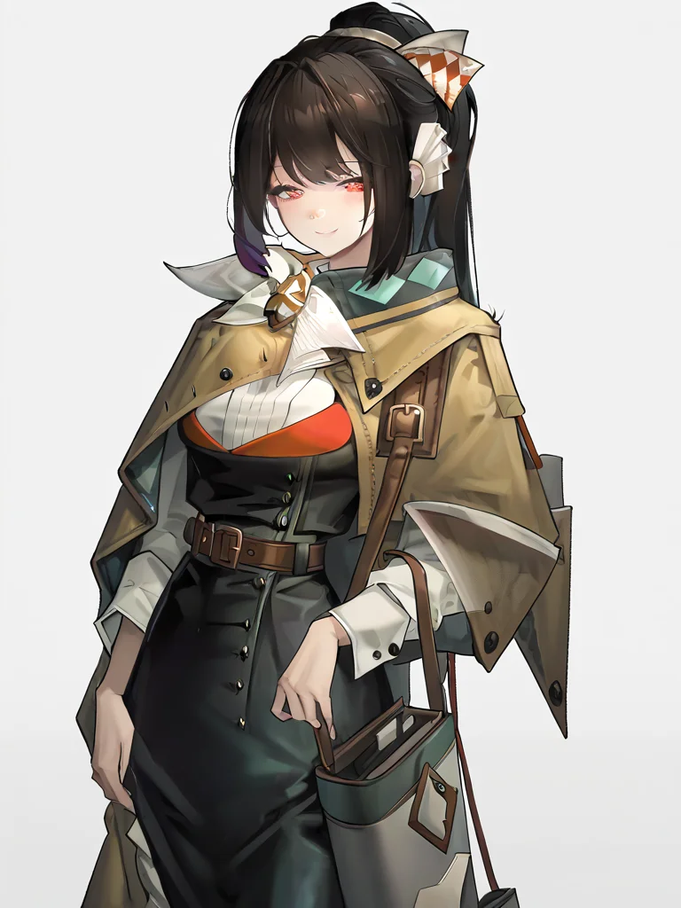 1girl,solo,looking at viewer,(semmelweis\(before\):1.2),simple background,white background,smile,cowboy shot,<lora:semmelweis-000012>,no headwear,ponytail,, masterpiece, best quality, very aesthetic, absurdres,newest, incredibly absurdres,