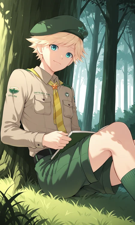 1boy, Hunter, male focus, slim, blonde hair, solo, male focus, closed mouth, light smile, brown-grey shirt, long sleeves, yellow necktie, green shorts, beret, green socks, black belt, feet out of frame, looking at viewer, drawing in album, sketch in album, sitting, on grass, forest, under the shade of trees, outdoors, (masterpiece:1.35), (very aesthetic, best quality:1.3), detailed shading, detailed skin, realistic shading, highly detailed, intricate details, masterful composition, cinematic lighting, close-up, <lora:Hunter_XL_V10_ILL:1.2>