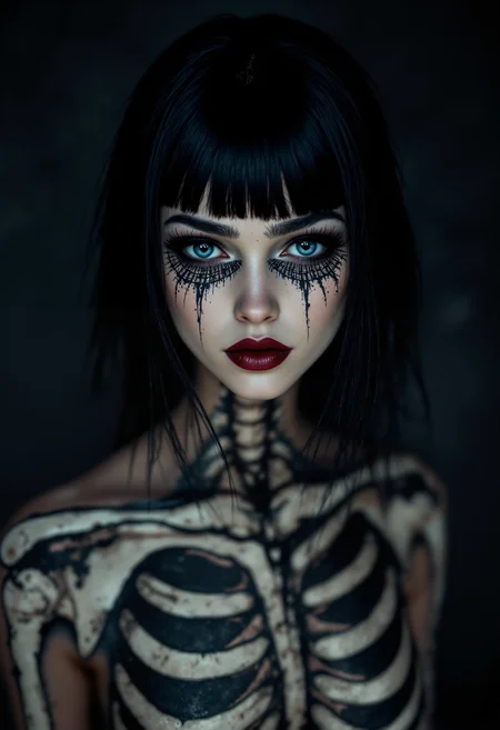 Avant garde, portrait of an 18-years-old girl, fair skin, dark makeup, dark red lipstick. black bob.
Simmetrical, mask shaped, pattern filigree black paint around her eyes.
Her body is that of a bioluminescent skeleton.