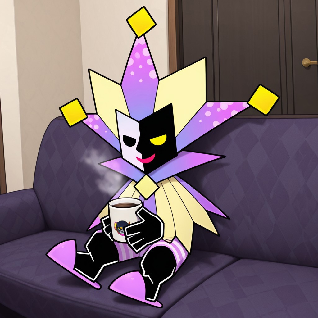 2d, 1boy, solo, Dimentio, male, jester, purple and yellow hat, jester hat, purple and yellow cloak, multicolored hat, multicolored cape, split color face, white face, black face, heterochromia, no pupils, black eye, yellow eye, black body, chubby, striped boxers
BREAK sitting on sofa, holding coffee, chill, relaxed, pink slippers, indoors
BREAK best quality, amazing quality, very aesthetic, absurdres, newest, masterpiece, high quality