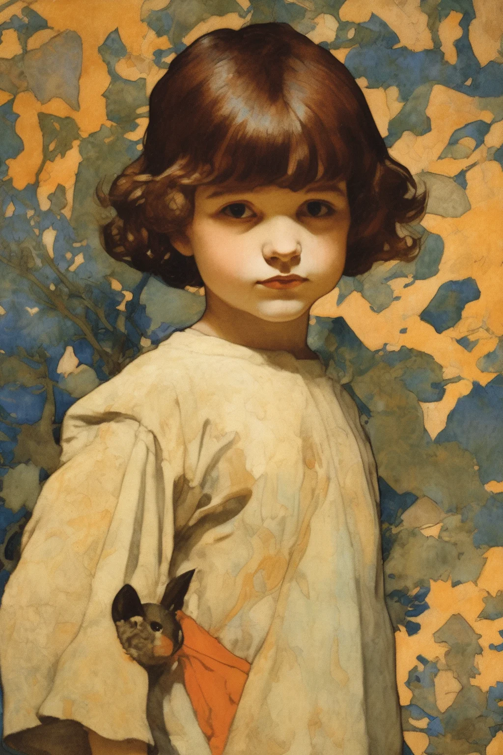 Jessie Willcox Smith Style - painting close up child wild animal, looking to camera, intensive colour detailed patterns, Bernie Fuchs, seurat, frazetta, art nouveau, with erratic shapes and organic patterns. In the style of Maxfield Parrish and Lebbius Woods