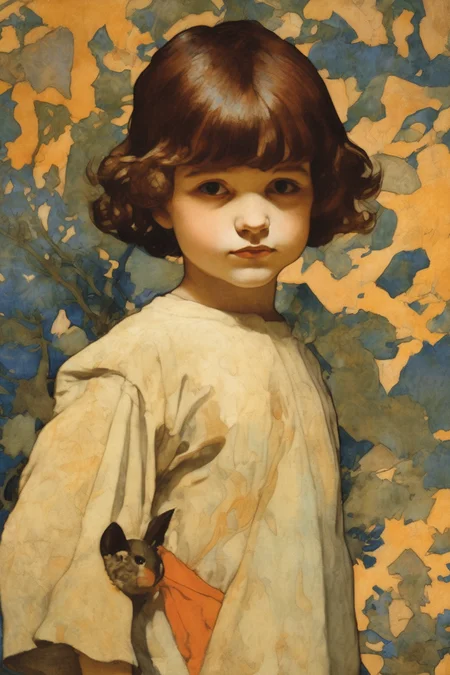 Jessie Willcox Smith Style - painting close up child wild animal, looking to camera, intensive colour detailed patterns, Bernie Fuchs, seurat, frazetta, art nouveau, with erratic shapes and organic patterns. In the style of Maxfield Parrish and Lebbius Woods