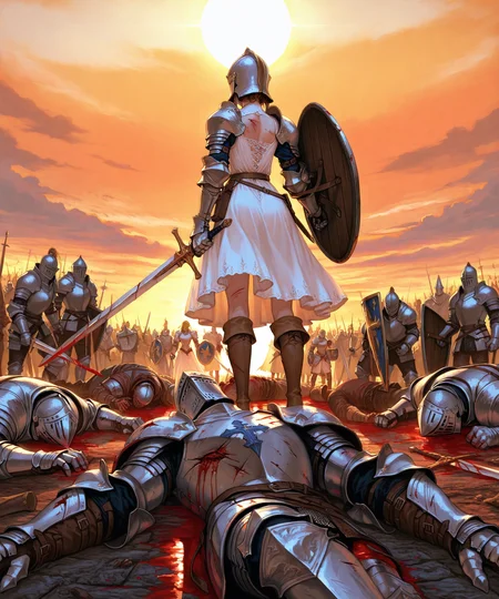 1girl, masterpiece, holding, weapon, boots, multiple boys, sword, white dress, holding weapon, armor, blood, holding sword, helmet, gauntlets, 6+boys, shield, injury, sun, fantasy, battle, knight, full armor, holding shield, death, orange sky, corpse,  protecting,