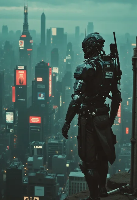A cinematic portrait of an Elysium Robot Cyborg Samurai standing on the edge of a skyscraper, gazing over a sprawling, dystopian Neo-Tokyo megacity washed in faded neon hues of deep red, pale amber, and muted teal. The robot’s metallic armor catches the atmospheric lighting, subtly reflecting the worn-out neon tones from below. Flickering holographic signs and neon-lit skyscrapers stretch across the smoky, desaturated cityscape, creating a surreal, haunting beauty. A light film grain enhances the moody, high-budget aesthetic, producing a photorealistic, epic look with shallow depth of field that adds depth to the robot's polished yet weathered armor, framed against the sprawling, ethereal city below.