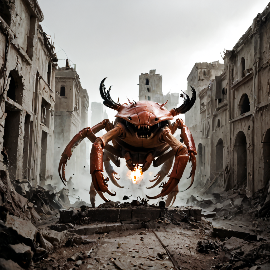 score_9, score_8_up, score_7_up, score_6_up, score_5_up, score_4_up, rating_safe,source_photo,realistic,cinematic,a giant enemy crab rampaging in the ruins of a burning city, <lora:Ponyrealv3:1>