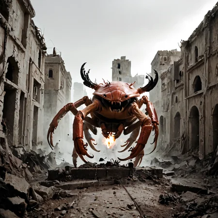 score_9, score_8_up, score_7_up, score_6_up, score_5_up, score_4_up, rating_safe,source_photo,realistic,cinematic,a giant enemy crab rampaging in the ruins of a burning city, <lora:Ponyrealv3:1>