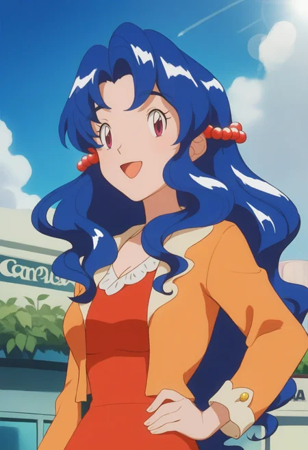 score_9, score_8_up, score_7_up, score_6_up, <lora:PMViolet3:0.9>, PMViolet, 1girl, solo, blue hair, long hair, purple eyes, wavy hair, bangs, hair bobbles, medium breasts,
orange jacket, red dress, white shoes,
smile, open mouth, hand on own hip, looking at viewer, upper body, 
BREAK cafe, blue sky, sunlight