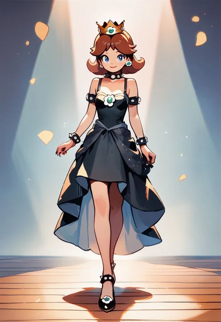 score_9, score_8_up, score_7_up, score_6_up, best quality, highres, source_anime, (cute doodle), solo, black backgruond, light, (Princess daisy), young, black short, black dress, stage, fashion day, catwalk, walking, elegant, (bowsette dress)