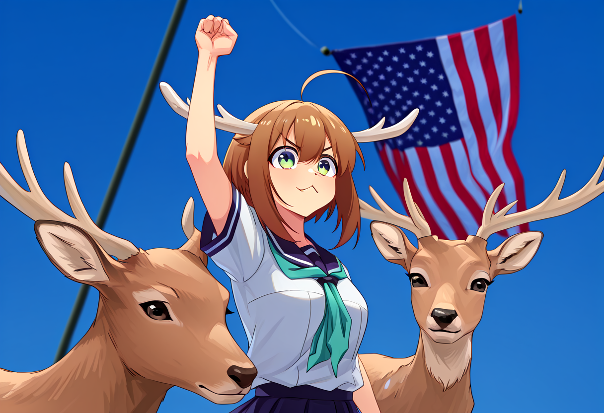 (masterpiece, high quality, amazing detail), 2024 attempted assassination, american flag,
BREAK
animal, deer, no human,
BREAK
shknk, :3, antlers, green eyes, brown hair, short hair, hair between eyes, arm up, clenched hand, <lora:Hoseki_MyDeerFriendNokotan_NokoShikanoko_IllustriousXL_v1:1>, 
BREAK
1girl, aatorako, blonde hair, purple eyes, very long hair, hair flaps, ahoge, side locks, medium breasts, <lora:koshi torako:1>,
<lora:2024_Trump_Incident:1>,