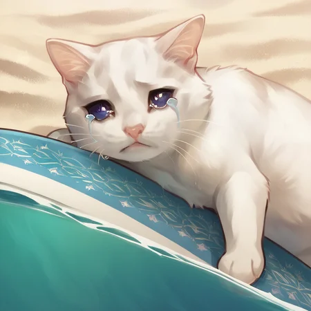 score_9, score_8_up, score_7_up,score_6_up, score_3, score_5, score_4,
sad cat meme, no humans, cat, animal focus, animal, solo, looking at viewer,surfing,sea,beach,surfing cat,on surf,
,animal,sad,cry,tears,
<lora:sad_cat_pony27:0.8>