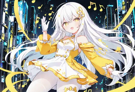 Best quality, masterpiece, sci-fi extremely dark abyss city, music notes, one singer girl with round pert breasts, majestic walk, hands gesturing, adorable pure white long loose hair, simple hairpin, adorable smooth happy face, singing, open mouth, bright yellow eyes, detailed kawaii makeup, beautiful white dress with long sleeves and gloves, slim waist, very short miniskirt, white tights, thick clavicle, thick pelvis, thick hips, thick thighs, heels