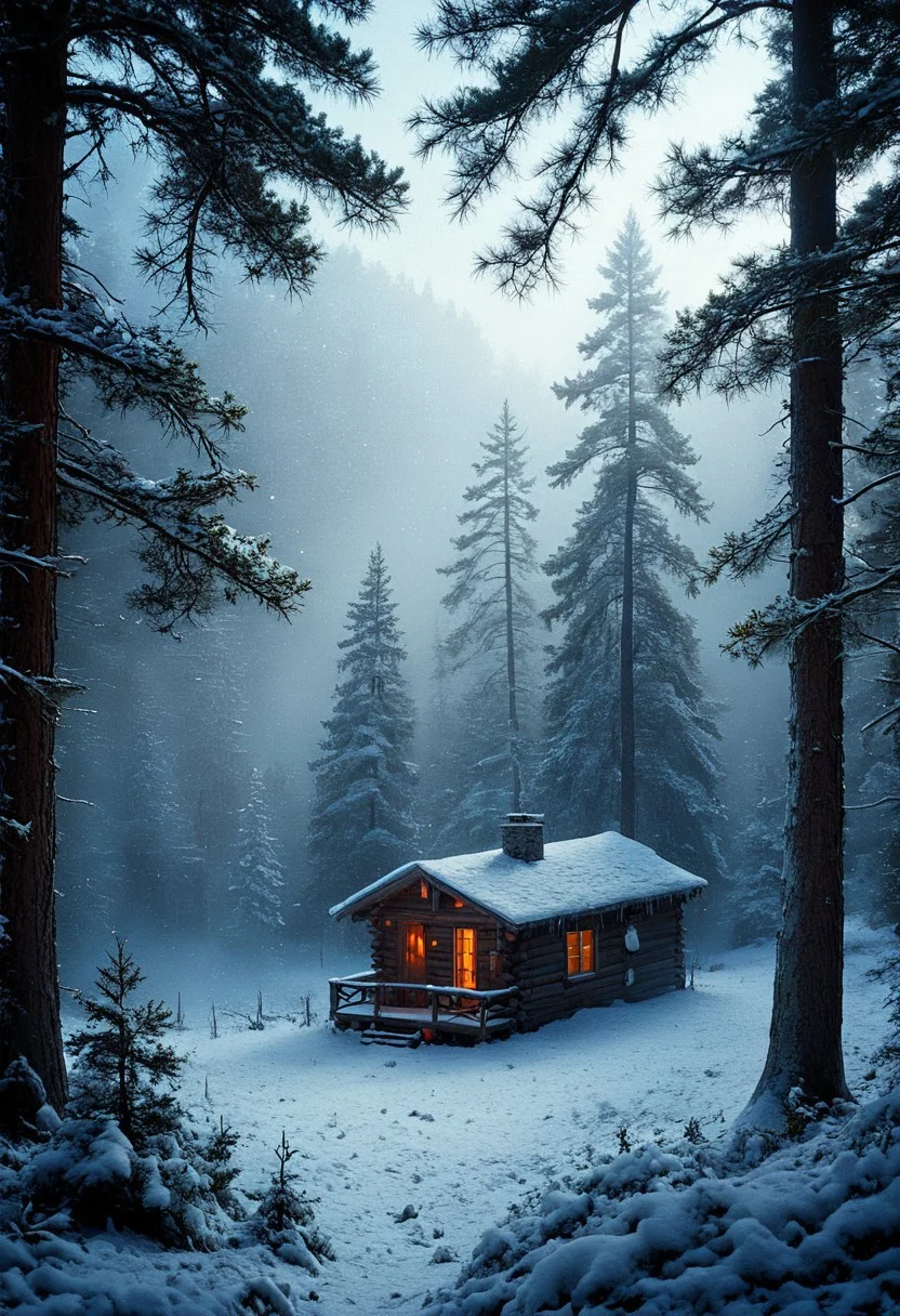 Towering snow-covered pines rise silently, their branches weighed down by fresh snowfall, with a distant cabin barely visible through the soft, rolling mist. Alexander Volkov’s mastery of light and atmosphere creates an ethereal glow, as the early morning light filters through the trees. David Kassan adds subtle human elements, hinting at life within the isolated cabin, while Michael James Smith’s hyperrealistic detailing brings each snowflake, tree branch, and texture to vivid life. The serene scene captures the quiet beauty of winter, with an inviting warmth nestled in the heart of the cold wilderness.
vivid colors.
detailmaximizer, aidmaMJ6.1, Movie Still, Film Still, Cinematic, Cinematic Shot, Cinematic Lighting, detailxl, flux-style, midjourneyv6.1