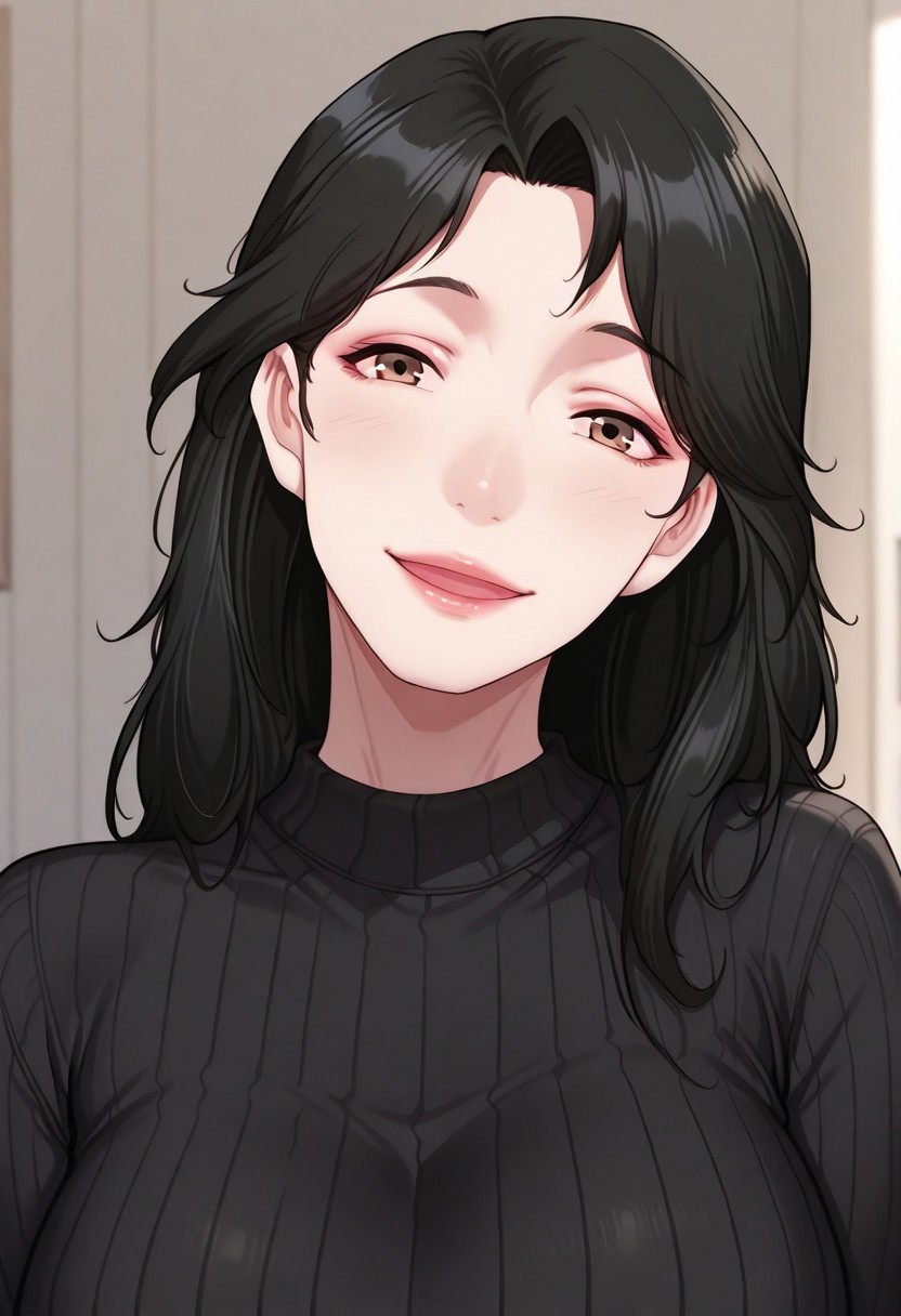 masterpiece, best quality, amazing quality, very aesthetic, absurdres,
hansomi, 1girl, solo, long hair, black hair, brown eyes, large breasts, mature female,
outfit6, sweater, black sweater, ribbed sweater, portrait, photoshoot, happy, front view, head tilt