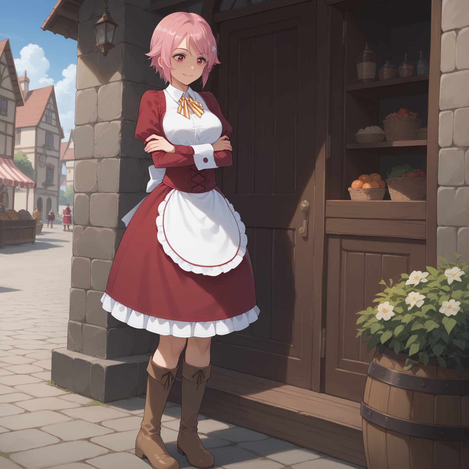 score_9, score_8_up, score_7_up, score_6_up, source anime, 1girl, solo, <lora:Lisbeth-Rika Shinozaki - Sword Art Online-000005:1>, solo, LisShino, short hair, freckles, pink hair, hair ornament, medium breasts, striped bow, red dress, long sleeves, waist apron, thigh strap, brown footwear, knee boots, medieval, shop, against wall, smile, crossed arms, cowboy shot,