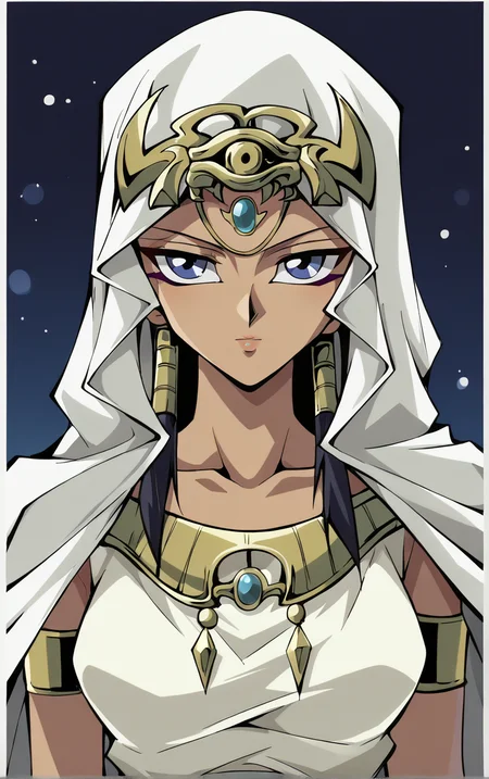 score_9, score_8_up, score_7_up, BREAK
ANIME_YuGiOh_IshizuIshtar_ownwaifu,
1girl, black hair, blue eyes, breasts, dark-skinned female, forehead jewel, hair tubes, hood, jewelry, dark skin, necklace, long hair, armlet, hood up, bracelet, collarbone, ankh, headdress, earrings, gem, bracer, circlet, lips, anklet, makeup, medium breasts,
long dress, white dress, egyptian clothes, eye of horus, gold, gold belt, cape, veil, dress, white cape, hooded cloak, belt,
(portrait, head tilt, looking at viewer), white border, bokeh, <lora:PONYXL_YuGiOh_IshizuIshtar_ownwaifu:0.8>, solo,
