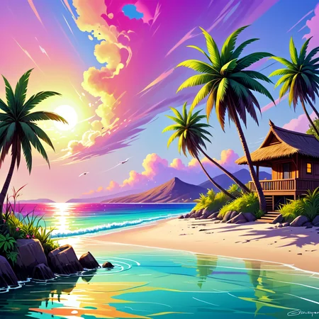 Abstract surrealist style with dreamlike and abstract elements, often with a focus on the subconscious mind, MHXL-Pos, Vibrant tropical beach at sunset, with dramatic sky colors reflecting on the calm sea, palm trees swaying gently in the breeze, vivid colors and soft shadows, focusing on the serene beauty of the beach and the tranquil mood of the sunset, hyper-maximalist, extremely intricate, abstract, surreal, vibrant colours, abstract surrealism, dreamlike, abstract elements, subconscious mind, imaginative, whimsical, experimental, innovative,MHXL-Pos