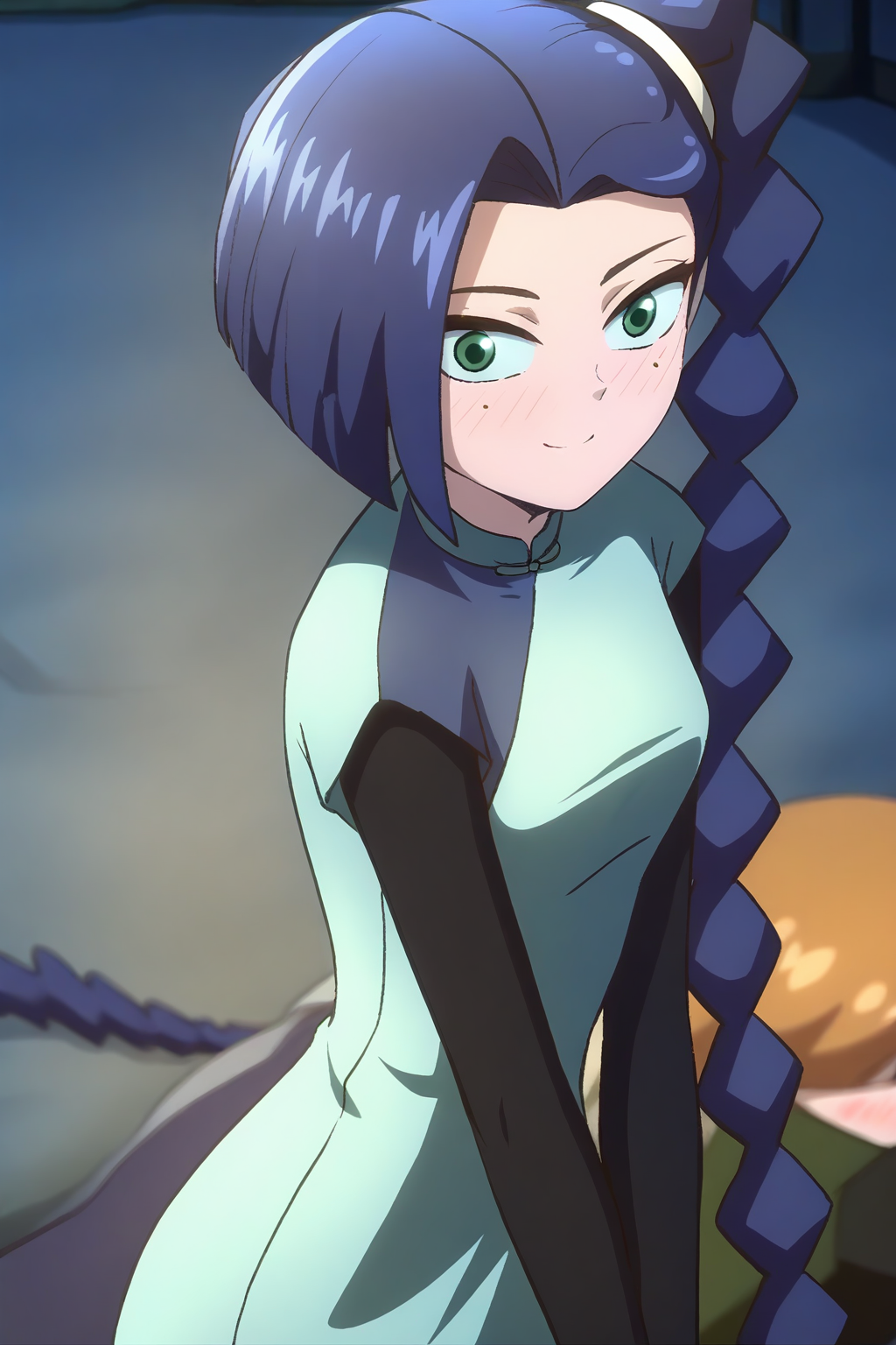 <lora:meihuashisan:1>,meihuashisan,1girl,solo,long hair,blue hair,mole,mole under eye,green eyes,
layered sleeves,short over long sleeves,braided ponytail,long sleeves,dress,blue dress,chinese clothes,braid,single braid,
smile,blush,light_blush,looking at viewer,, masterpiece,best quality,amazing quality,absurdres, anime screenshot, lazypos ,