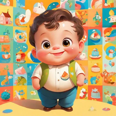 high quality,masterpiece,
Profile picture,1boy,toddler,round face,simple_background,;d,<lora:Children's illustration:0.8>,suit,fat, goofy smile
