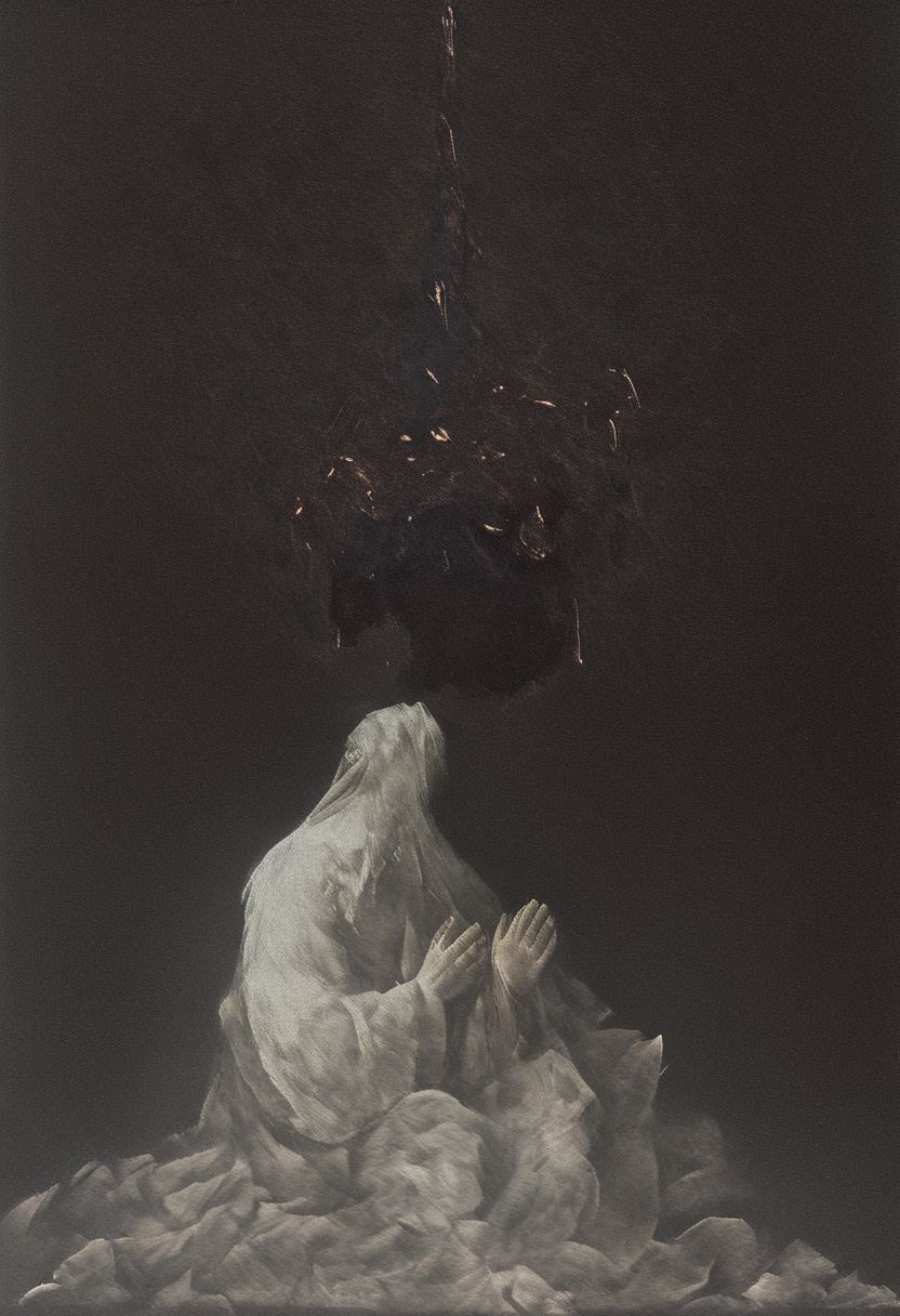 painting of a man praying to an older man, lovers, sin. lust. pain, heart being ripped out, surreal dark smeared background, black and gold mutations tears in fabric , separation of colors, in the style of nicola samori , glow effects, godrays, Hand drawn, render, 8k, octane render, cinema 4d, blender, dark, atmospheric 4k ultra detailed, cinematic sensual, Sharp focus, humorous illustration, big depth of field, Masterpiece, colors, 3d octane render, 4k, concept art, trending on artstation, hyperrealistic, Vivid colors, extremely detailed CG unity 8k wallpaper, trending on ArtStation, trending on CGSociety, Intricate, High Detail, dramatic, absurdes, a realistic baroque bedroom, white canopy over bed, white drapes, damask patterns, intricate details,    in the style of Vittorio Matteo Corcos