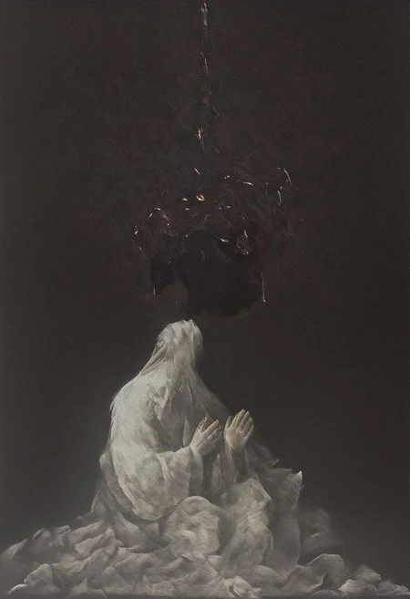 painting of a man praying to an older man, lovers, sin. lust. pain, heart being ripped out, surreal dark smeared background, black and gold mutations tears in fabric , separation of colors, in the style of nicola samori , glow effects, godrays, Hand drawn, render, 8k, octane render, cinema 4d, blender, dark, atmospheric 4k ultra detailed, cinematic sensual, Sharp focus, humorous illustration, big depth of field, Masterpiece, colors, 3d octane render, 4k, concept art, trending on artstation, hyperrealistic, Vivid colors, extremely detailed CG unity 8k wallpaper, trending on ArtStation, trending on CGSociety, Intricate, High Detail, dramatic, absurdes, a realistic baroque bedroom, white canopy over bed, white drapes, damask patterns, intricate details, in the style of Vittorio Matteo Corcos