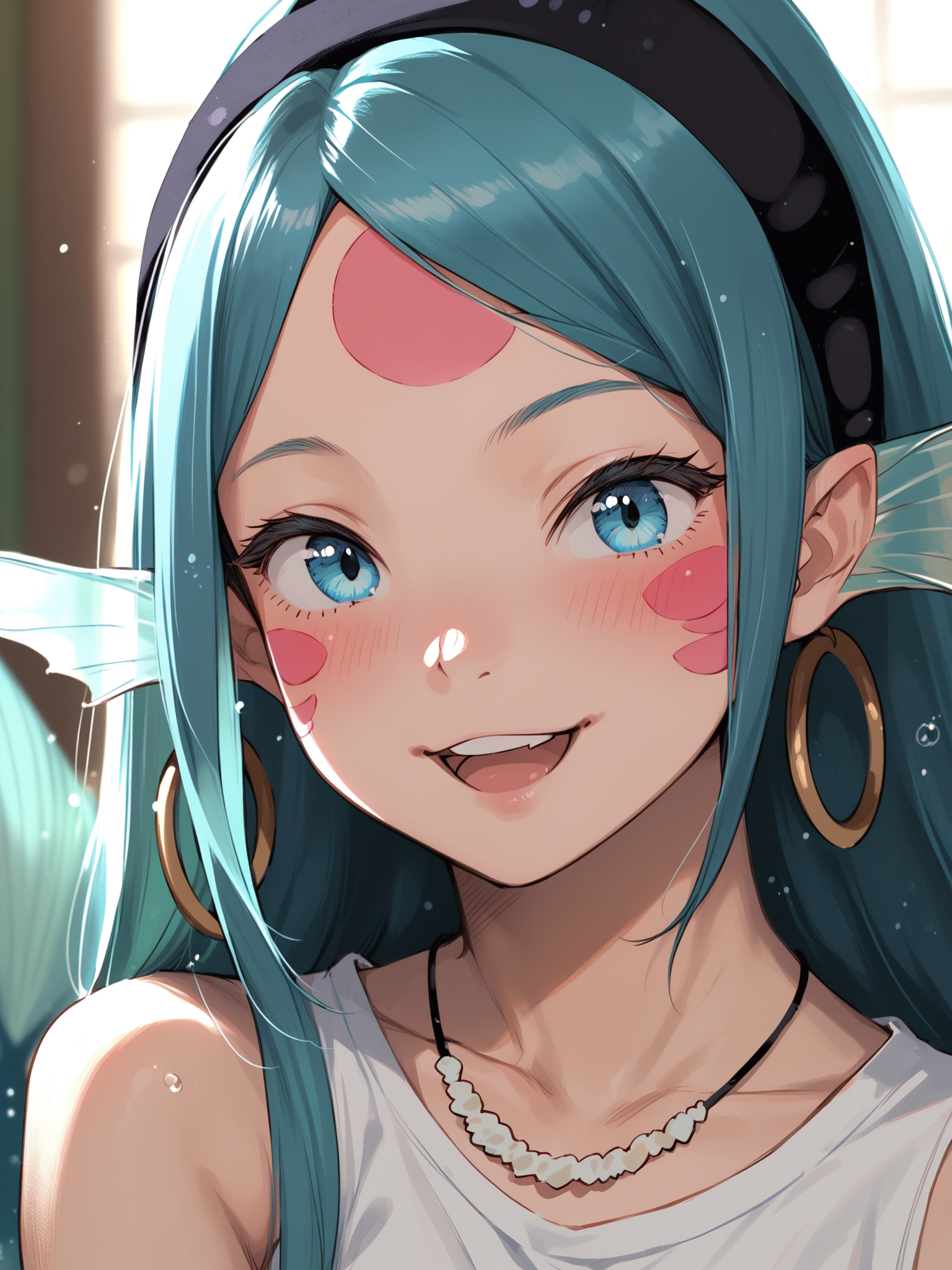 <lora:happy_tentacle-mizonyaptu-v0.5-000010:1>, ht_mizonyaptu, necklace, hoop earrings, hairband, mermaid, (blue hair, blue eyes:0.8) , smile, open mouth, indoors, (close-up:0.7), 1girl, (petite:1.2), solo focus, (looking away:1.1), , (depth of field:0.8), , [(realistic, photorealistic:1.2):(realistic:1.3):24], [(3d:1.2)::10], <lora:LUUNA's Lunas-NijiJourney-SDXL-B2:0.5>, nijijourney, <lora:prgfrg23's Counterfeit-V3.0 Style SDXL_LoRA_Pony Diffusion V6 XL:0.3> <lora:Shed_The_Skin's StS_age_slider_v1_initial_release:-1.2>, score_9, score_8_up, score_7_up, score_6_up, score_5_up, score_4_up