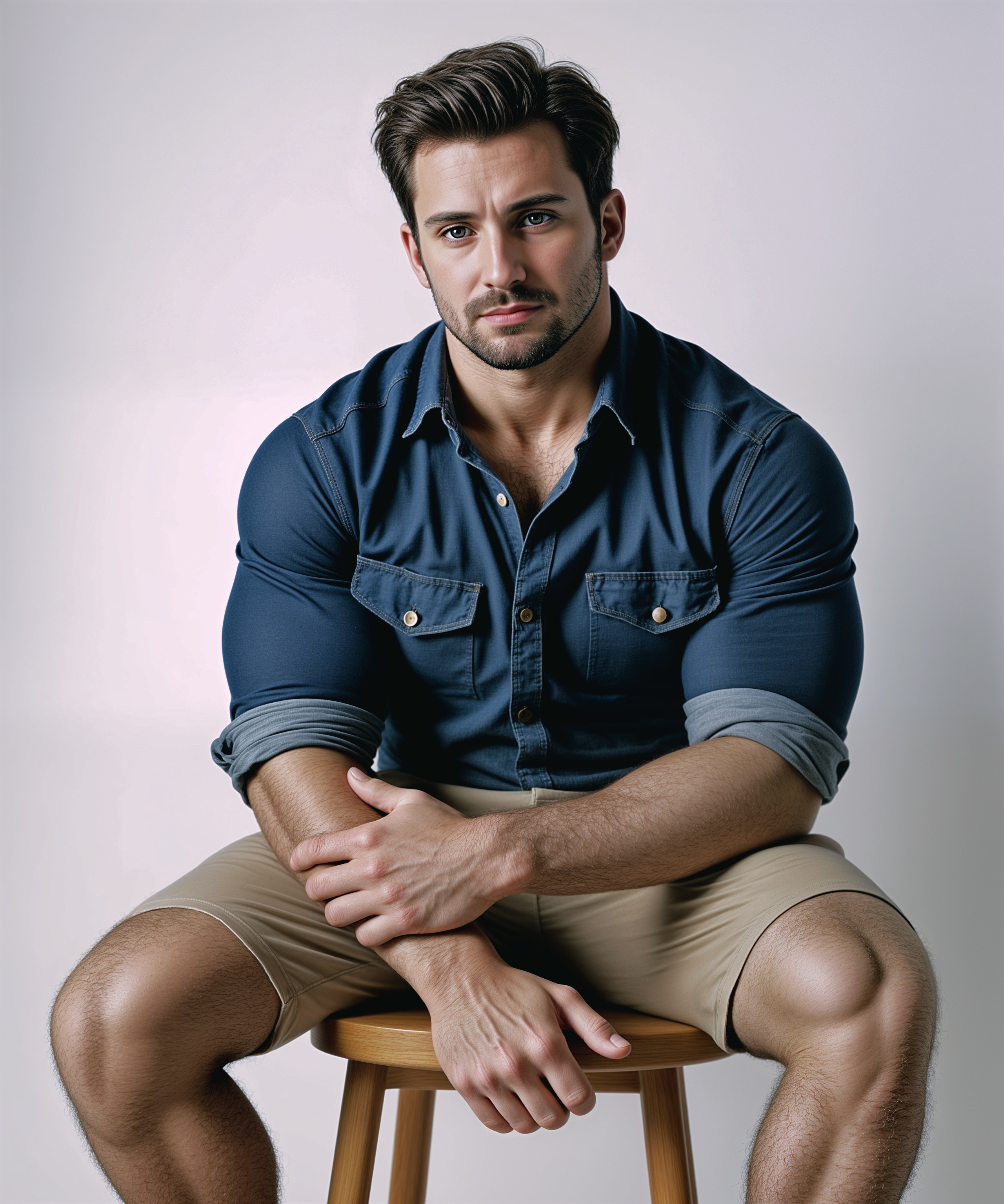A photorealistic amateurish photo portrait of a muscular 35 year old greek man alexios with dark hair and a trimmed beard, sitting on a wooden stool against a plain white background. He is wearing a form-fitting dark denim button-down shirt with the sleeves rolled up high highlighting his impressive biceps. He also wears beige khaki combat shorts which highlight his muscular hairy thighs and manly hands. Lots of chest hair is visible near the collar of his shirt. His expression is hopeful and slightly pouty, with raised eyebrows and a subtle frown, as he looks directly at the camera. The overall tone is lighthearted, with clean, studio lighting highlighting his facial features.