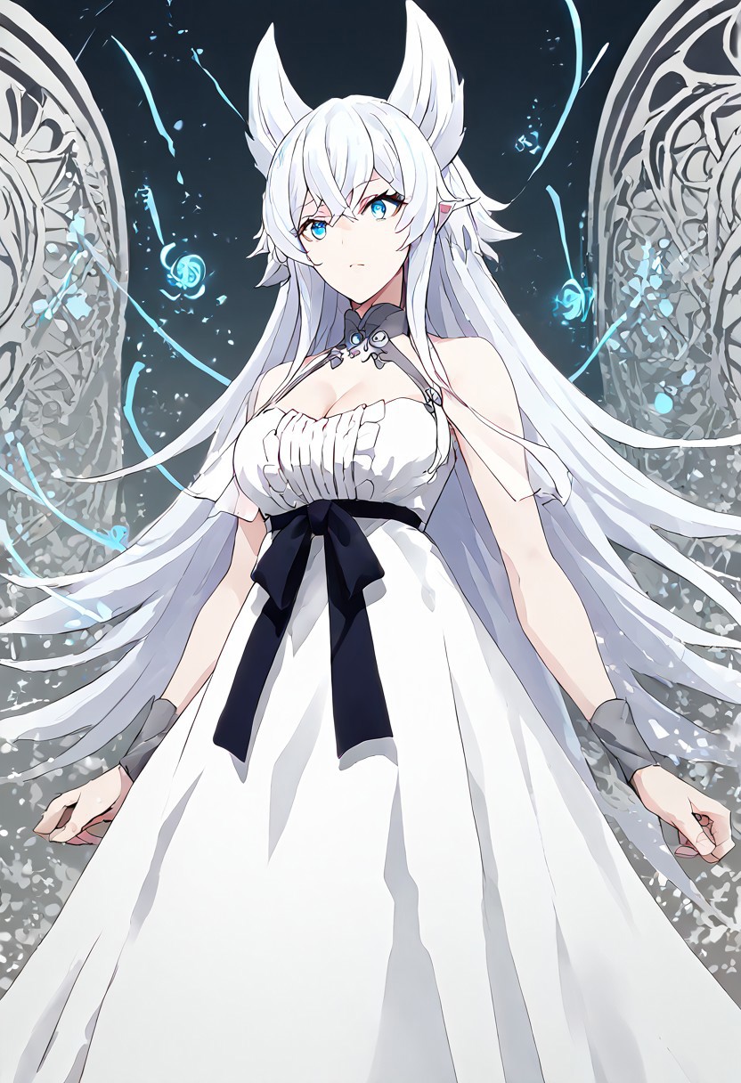 score_9, score_8_up, score_7_up, score_6_up, score_5_up, score_4_up, source_anime, 1girl, solo, 
fenrys, white dress, white hair, blue eyes, cleavage, 
masterpiece, best quality, very aesthetic, absurdres,