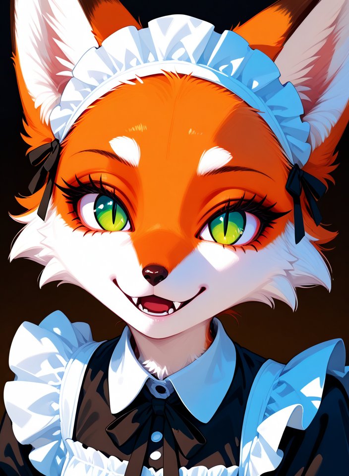 <lora:Foxy_v02_PDXL:1>  solo, furry girl, furry fox girl, slender body,  body covered with short white fur, fox ears,  long eyelashes,  foxgirl, white fur, green eyes, slit pupils,  long lush eyelashes, more detailed eyes,  lustful look,  short maid dress, maid cap,  sly smile, , mouth open, fangs showing, face close up,  <lora:eyelashes_pony_V1.0:1> <lora:Eyes_Lora_Pony_Perfect_eyes:1>
