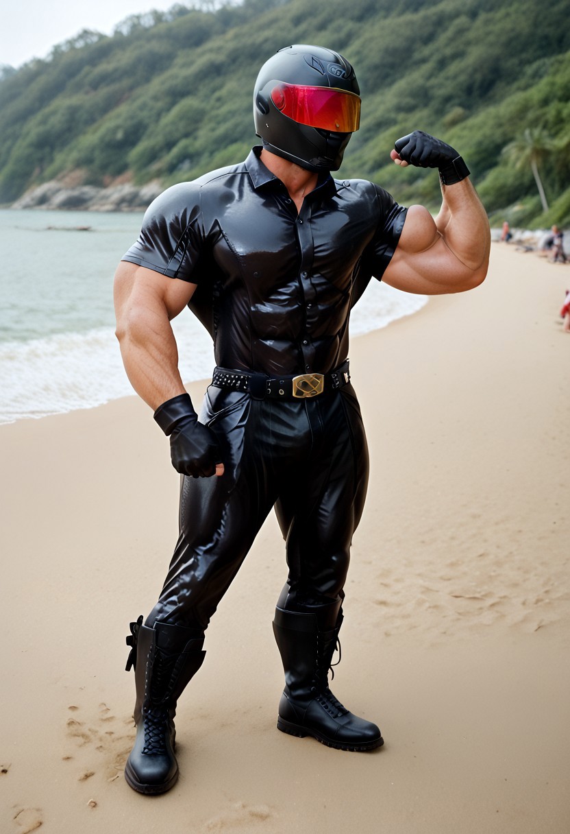 score_9, score_8_up, score_7_up, photo, photorealistic, rating_explicit, (solo:1.1), 1boy, black helmet with tinted visor, muscular male, masculine male, black glossy leather blazer suit, red glossy spandex shirt, formal, glossy pants, belt, skintight, black rubber gloves, black rubber boots, abs, nipples, pecs, flexing, proud, sweaty, outdoors beach, five digits